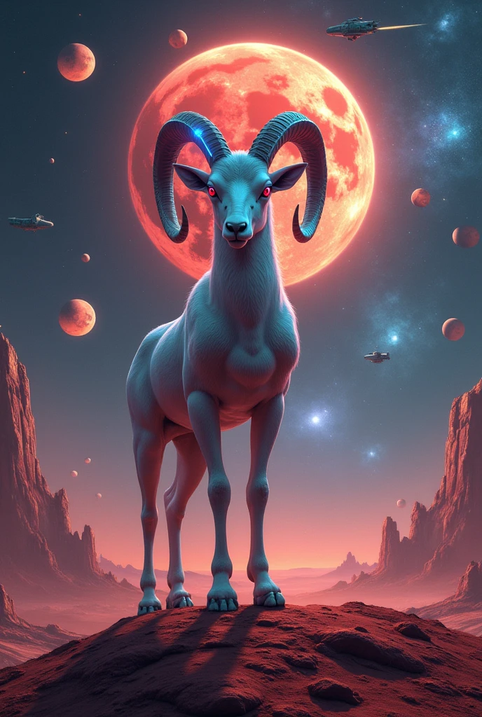 Imagine an ultra-galactic scenario with a deep space background, dotted with bright stars and colorful nebulae. En el centro de la imagen, Mars appears with a reddish hue, but with additional details such as bright rings around the planet. in the spotlight, an imposing figure of a stylized ram, Representing Aries, it is positioned on the surface of Mars, with an ethereal glow emanating from its body. The ram could have a futuristic aspect, with horns adorned with neon lights and metallic details, creating an impressive contrast with the Martian environment. Ao fundo, you can add some spaceships and advanced structures to give a more galactic touch.