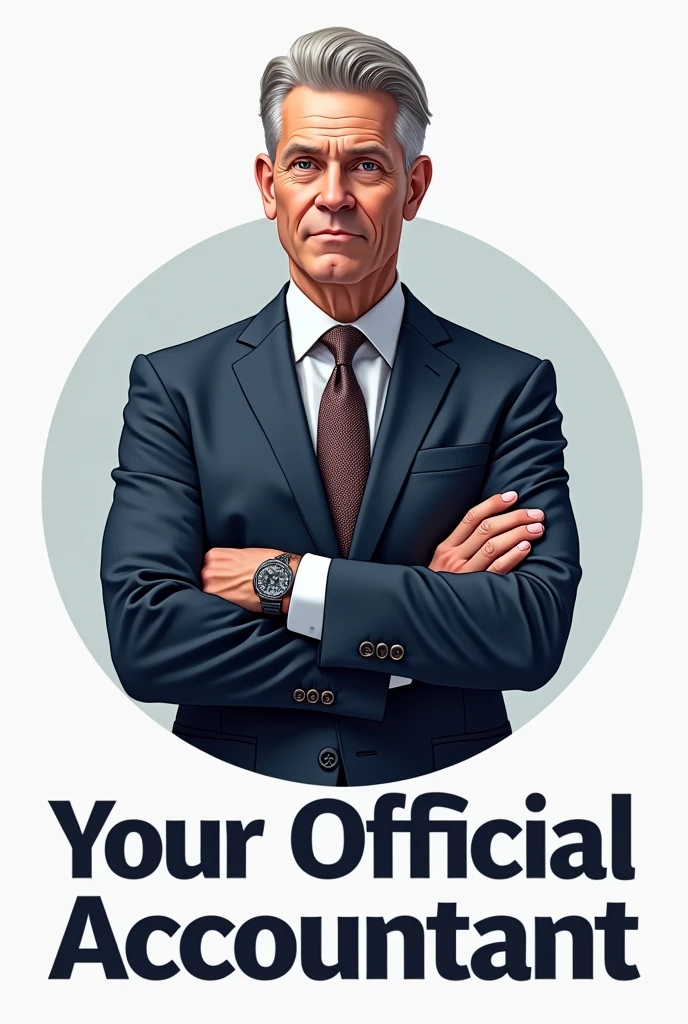 Logo with realistic man with crossed arms in the center, for brand " your official accountant" with the words below
