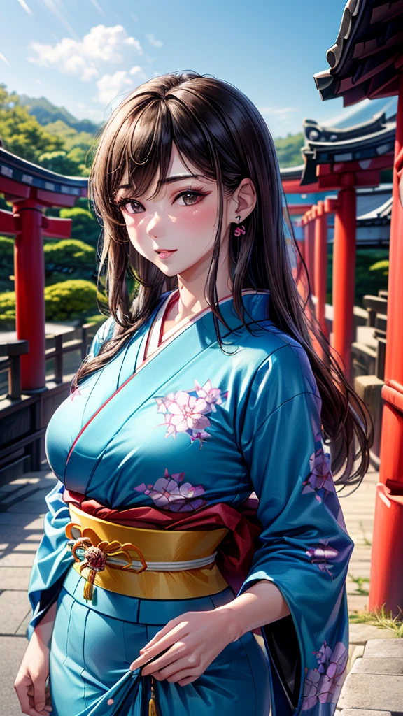 ((1girl, female, European woman, samus aran,pale skin, (brown hair, long hair), makeup, pierced ears, jewelry, green kimono, kimono:1.2)),(masterpiece), (((highest quality))), ((Super detailed)), (16K Highest quality wallpaper:1.4), (Upper Body:1.6), High resolution, Detailed skin texture, Detailed cloth texture, green kimono, Very detailed explanation, (Tmasterpiece), (Highly detailed face:1.2), (Very detailed beautiful eyes:1.2), original, RAW Photos, Professional, Intricate details, Super Detail, Direct sunlight:1.6, (Perfect Anatomy:1.4), (Extremely elaborate hands:1.2), (Highly detailed fingers:1.2), (Very dexterous fingers:1.2), (2), Genuine, (alone:1.6), (A traditional Japanese sacred shrine maiden:1.4)), (long flowing green kimono), (Beautiful and well-shaped medium breasts:1.2), (Beautiful and shapely butt), (Clear brown eyes that shine beautifully in every detail:1.6), (Very delicate and detailed brown eyes:1.2), (Highly detailed face:1.4), (smile:1.3), (blush:1.2), (facing viewer, looking forward,) break, (Japan shrine, Colorful and divine々Beautiful traditional shrine maiden costume:1.4), (Traditional Japanese clothing:1.2) break (Highly detailed and beautiful Ise Shrine in Mie Prefecture just after noon in spring in the background:1.6), Ise Shrine:1.2, Torii gate of Ise Shrine:1.2,  The precincts of Ise Shrine:1.2, Very beautiful against the clear sky after noon.:1.2, ((green kimono))