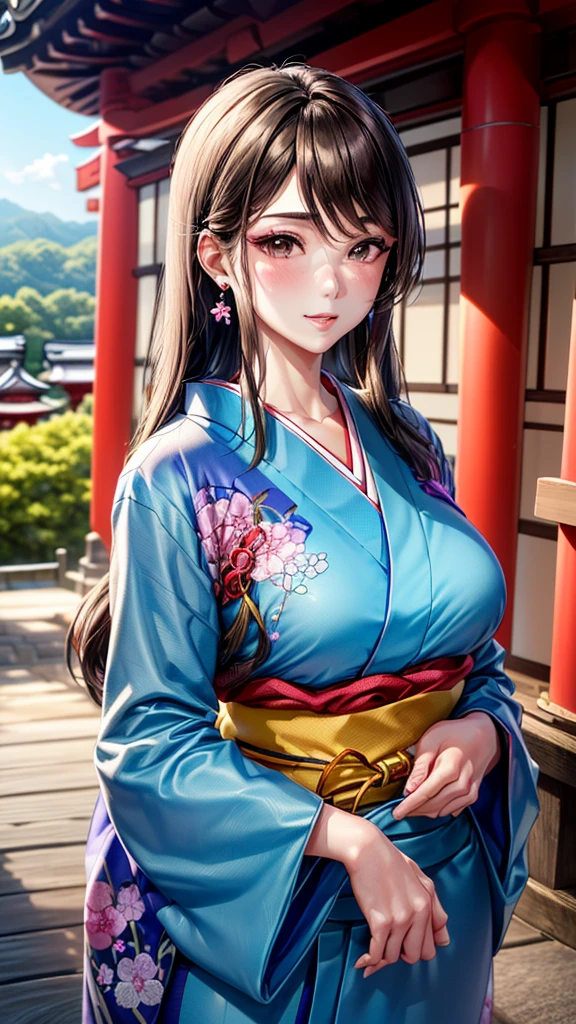 ((1girl, female, European woman, samus aran,pale skin, (brown hair, long hair), makeup, pierced ears, jewelry, green kimono, kimono:1.2)),(masterpiece), (((highest quality))), ((Super detailed)), (16K Highest quality wallpaper:1.4), (Upper Body:1.6), High resolution, Detailed skin texture, Detailed cloth texture, green kimono, Very detailed explanation, (Tmasterpiece), (Highly detailed face:1.2), (Very detailed beautiful eyes:1.2), original, RAW Photos, Professional, Intricate details, Super Detail, Direct sunlight:1.6, (Perfect Anatomy:1.4), (Extremely elaborate hands:1.2), (Highly detailed fingers:1.2), (Very dexterous fingers:1.2), (2), Genuine, (alone:1.6), (A traditional Japanese sacred shrine maiden:1.4)), (long flowing green kimono), (Beautiful and well-shaped medium breasts:1.2), (Beautiful and shapely butt), (Clear brown eyes that shine beautifully in every detail:1.6), (Very delicate and detailed brown eyes:1.2), (Highly detailed face:1.4), (smile:1.3), (blush:1.2), (facing viewer, looking forward,) break, (Japan shrine, Colorful and divine々Beautiful traditional shrine maiden costume:1.4), (Traditional Japanese clothing:1.2) break (Highly detailed and beautiful Ise Shrine in Mie Prefecture just after noon in spring in the background:1.6), Ise Shrine:1.2, Torii gate of Ise Shrine:1.2,  The precincts of Ise Shrine:1.2, Very beautiful against the clear sky after noon.:1.2, ((green kimono))