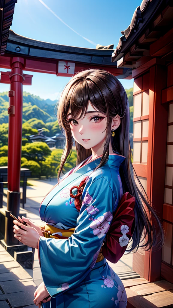 ((1girl, female, European woman, samus aran,pale skin, (brown hair, long hair), makeup, pierced ears, jewelry, green kimono, kimono:1.2)),(masterpiece), (((highest quality))), ((Super detailed)), (16K Highest quality wallpaper:1.4), (Upper Body:1.6), High resolution, Detailed skin texture, Detailed cloth texture, green kimono, Very detailed explanation, (Tmasterpiece), (Highly detailed face:1.2), (Very detailed beautiful eyes:1.2), original, RAW Photos, Professional, Intricate details, Super Detail, Direct sunlight:1.6, (Perfect Anatomy:1.4), (Extremely elaborate hands:1.2), (Highly detailed fingers:1.2), (Very dexterous fingers:1.2), (2), Genuine, (alone:1.6), (A traditional Japanese sacred shrine maiden:1.4)), (long flowing green kimono), (Beautiful and well-shaped medium breasts:1.2), (Beautiful and shapely butt), (Clear brown eyes that shine beautifully in every detail:1.6), (Very delicate and detailed brown eyes:1.2), (Highly detailed face:1.4), (smile:1.3), (blush:1.2), (facing viewer, looking forward,) break, (Japan shrine, Colorful and divine々Beautiful traditional shrine maiden costume:1.4), (Traditional Japanese clothing:1.2) break (Highly detailed and beautiful Ise Shrine in Mie Prefecture just after noon in spring in the background:1.6), Ise Shrine:1.2, Torii gate of Ise Shrine:1.2,  The precincts of Ise Shrine:1.2, Very beautiful against the clear sky after noon.:1.2, ((green kimono))