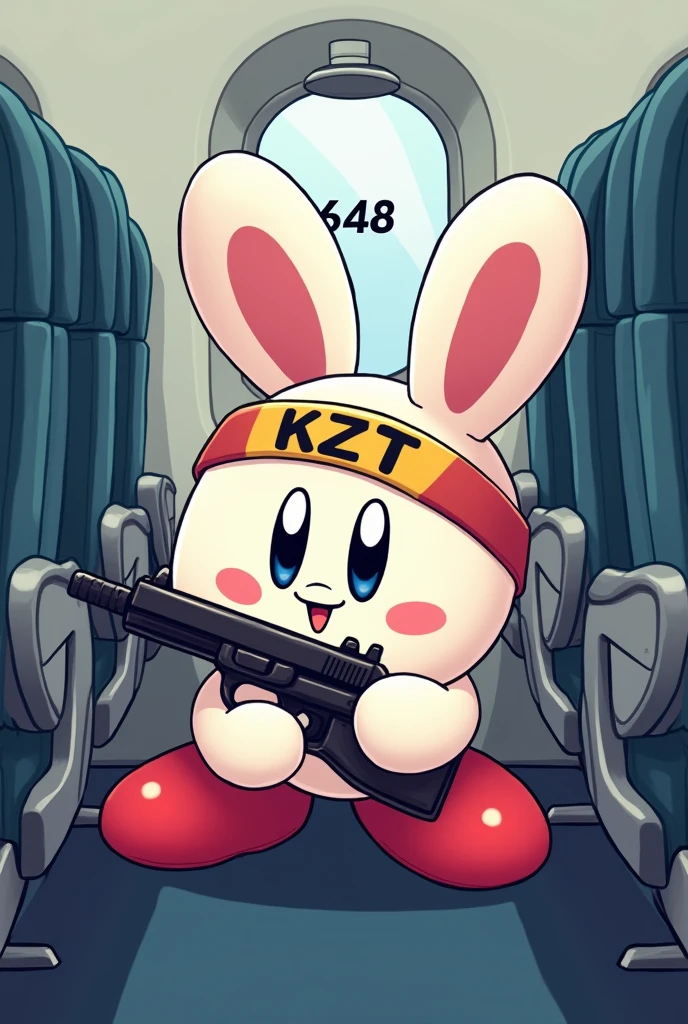 There is a white Kirby with rabbit ears on a plane, wearing a headband and holding a gun. The headband has KZT written on it, and in the middle of the plane is 648 written.