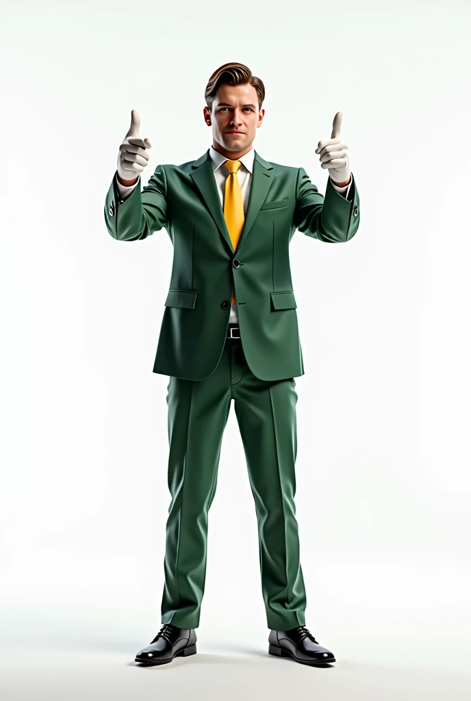 A white man with side-swept hair showing his entire body, wearing a green formal suit and black formal shoes, with a white, well-lit background and no shadows, wearing a green suit, yellow tie and blue undershirt, with white gloves, as if you were looking at a camera and pointing with both hands using your index finger while facing the camera.