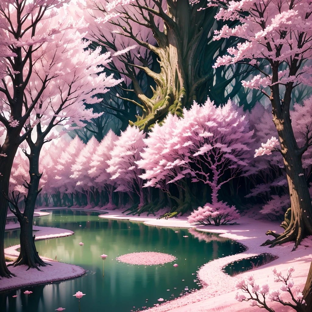A magical and mysterious forest full of pink cherry trees and cherry blossoms on the ground, with a magic cierbo