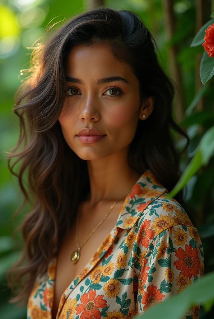 A Brazilian woman in a lush tropical garden, wearing an open shirt with a floral print, with a close-up capturing the harmonious beauty between her breasts and the natural flowers, showing off your natural charm and outgoing personality.