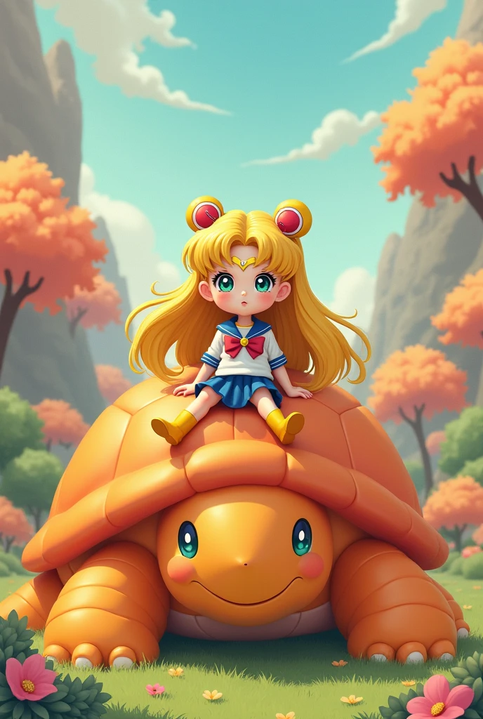 anime sailor moon..age 1 long yellow hair on her forehead a moon...green eyes blue shirt and short blue skirt with yellow boots..whites sitting on a big orange .. crossed legs Pasaija many orange