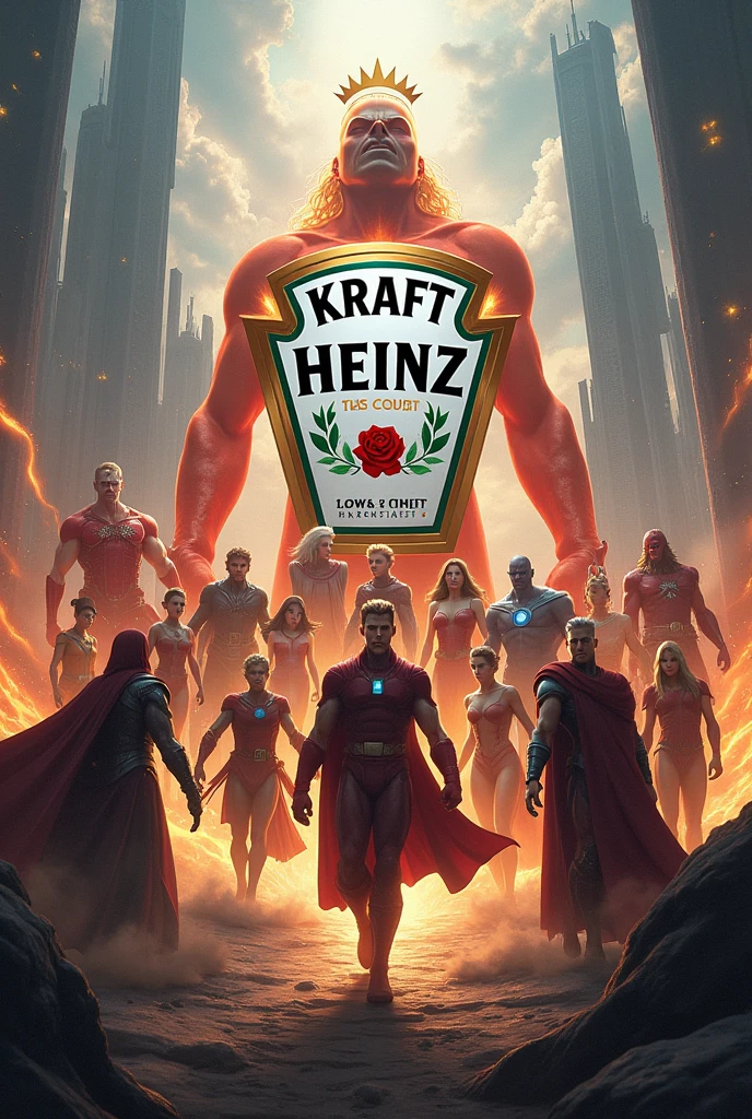 12 heroes fighting together. Implement Kraft Heinz logo there