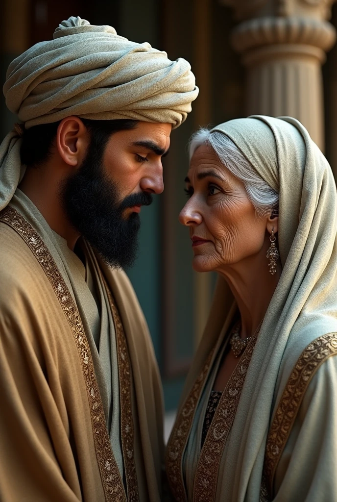 3D wallpaper of a handsome young Arab wearing a turban on his head appearing to be talking and contemplating his old mother and wearing a headscarf