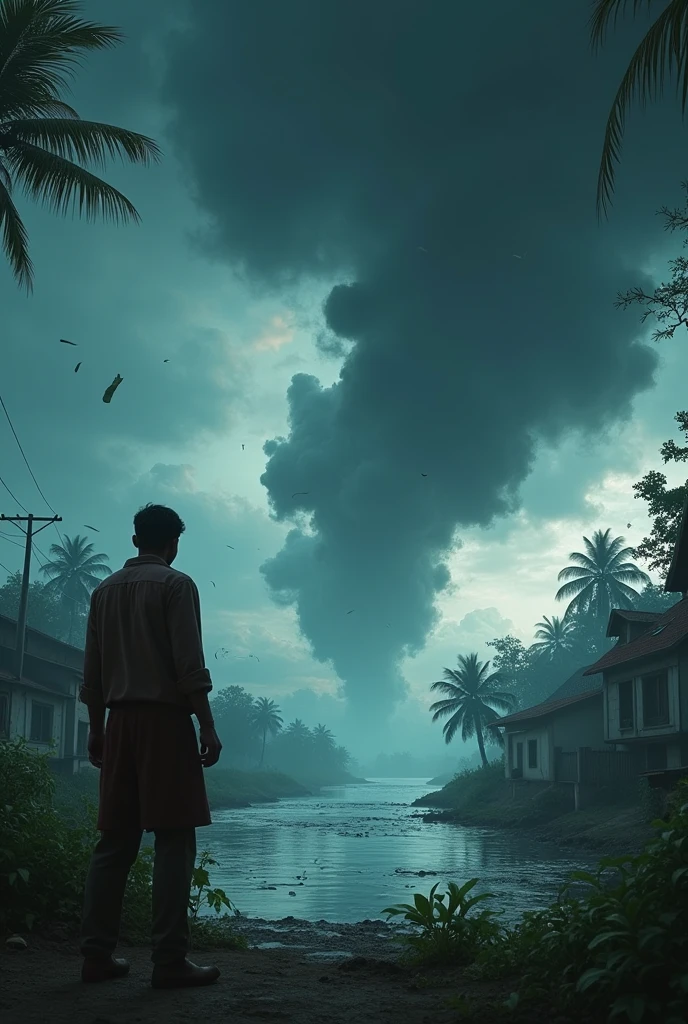 Show in cinematic 3d style "**The Storm Approaches:** Depict dark clouds gathering over the village, with winds picking up. The camera focuses on Arjun looking worriedly at the sky, and then quickly shifting to Rohan's home near the river, where water begins to rise. The atmosphere becomes tense as the storm intensifies."