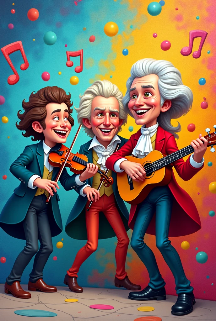 Create a cartoon mural with 3 characters: vivaldi, mozarth, picasso, playing instruments