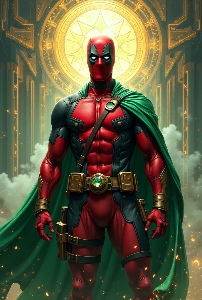 Create an illustration of Deadpool as loki. Deadpool is wearing his iconic red mask but is dressed in loki mystical outfit. The outfit includes the Cloak of Levitation, the Eye of Agamotto, and other mystical artifacts. The background should be a blend of high-tech and mystical elements, with glowing symbols and patterns, suggesting a fusion of Deadpool's chaotic nature with the mystic arts."