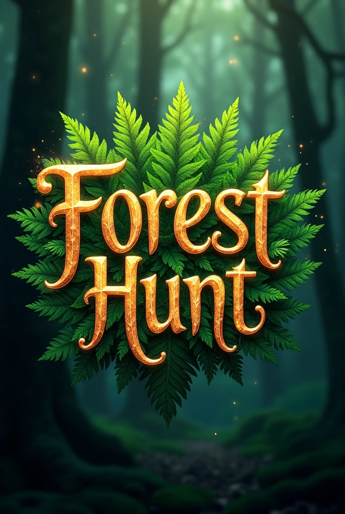 Create logo with the word Forest Hunt in a mystic & fantasy style with glitter flying around. Font should be elegant sharp golden and beautiful with enchanted vibe with ferns sprouting from behind the text