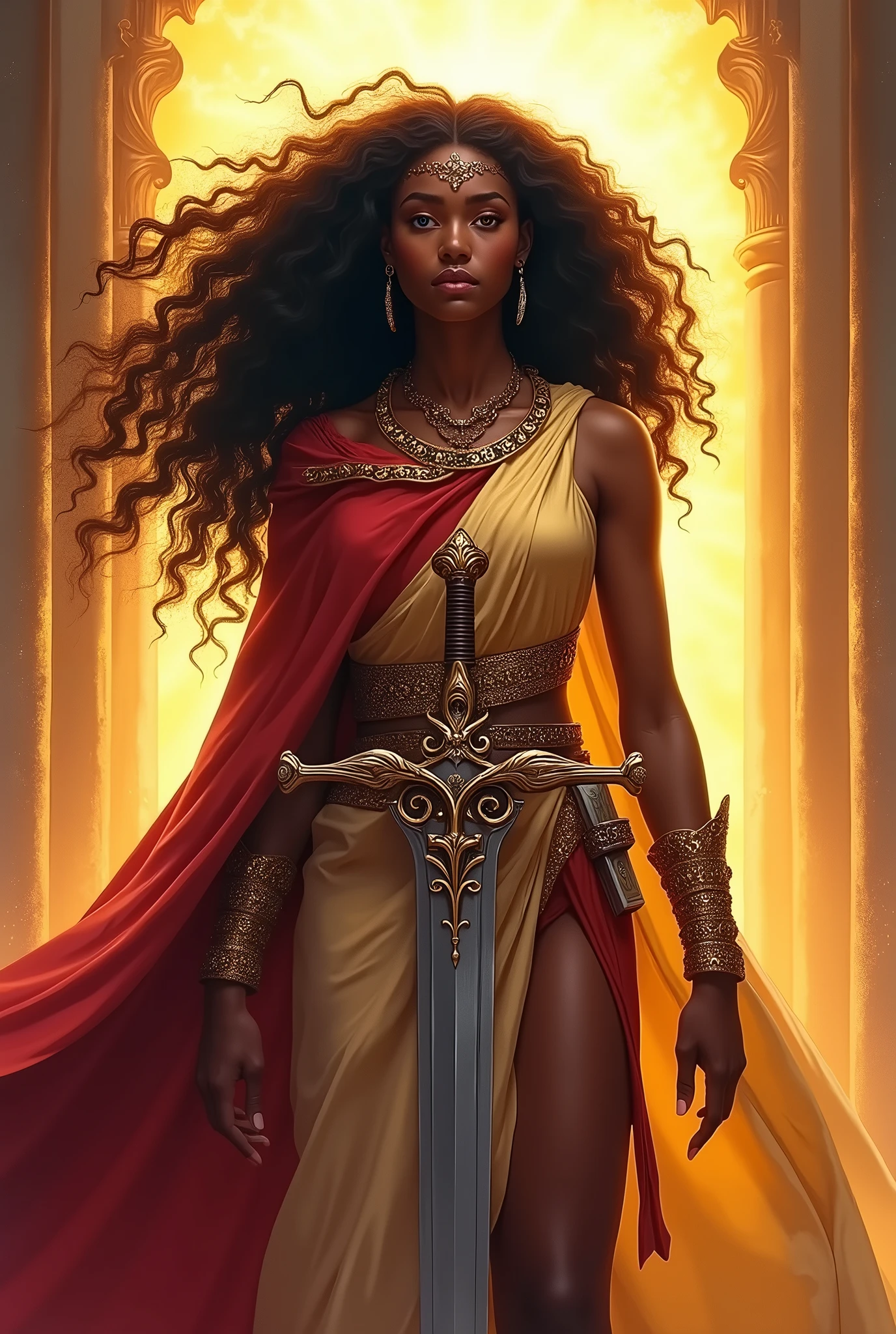 une jeune femme noire vêtue comme une guerrière; avec les cheveux crépus longs; Elle représente l'Eglise ,l'épouse de Christ. Elle brandit une épée .
Les couleurs sont vives et chatoyantes .