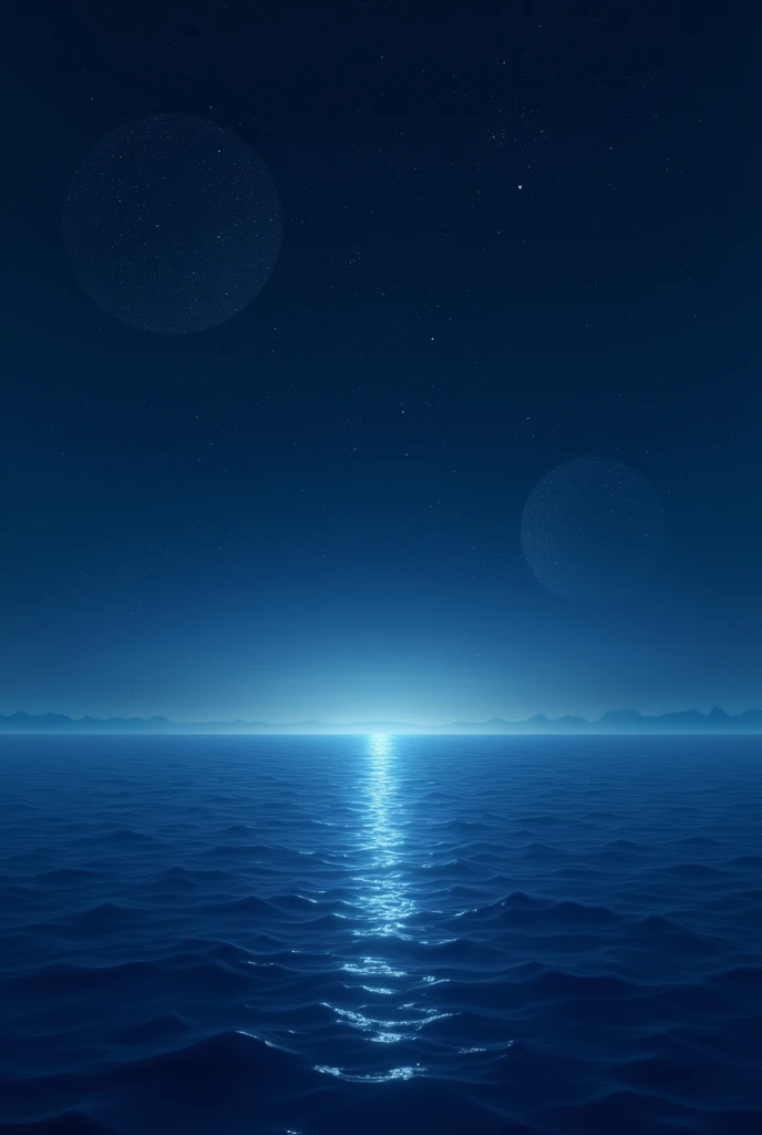 night time in the ocean with black sky in which stars are twinkling and the water of the ocean is blue colour and shining
