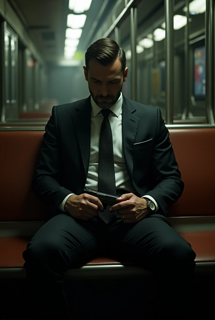 man wear sute and sitting in metro 
with gun at underworld