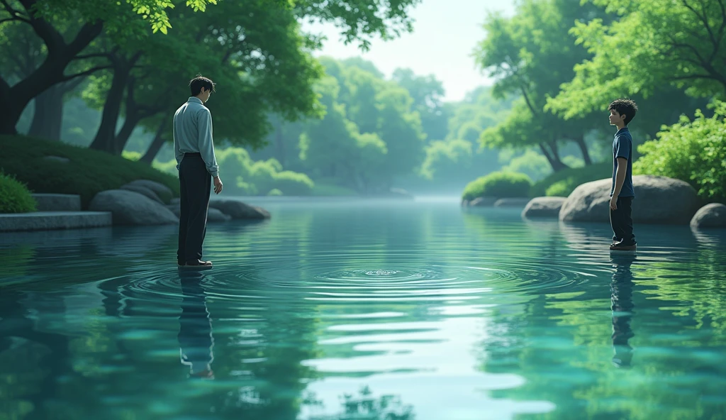 The pond's surface after Master Koji has tossed the stone into the water. Ripples spread outwards from where the stone entered, distorting the clear reflection of the trees and sky. Hiro stands beside Master Koji, watching the ripples with a confused expression. The surrounding garden is lush and green, with the tranquility of the scene momentarily disrupted by the ripples. Soft light filters through the trees, adding to the serene yet contemplative mood of the scene."