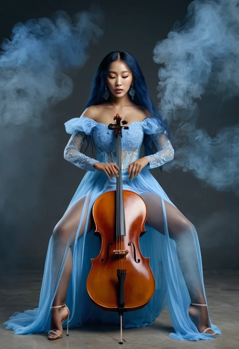 (Nigerian-Korean woman)+++, 2, sitting and playing cello, cello between legs, Challenging posture, (ethereal appearance)+++, beautiful model, plump, wearing transparent clothes, Long blue hair, (Smoke effect)+, Very detailed, surreal photos, Realistic, cinematic, 8k