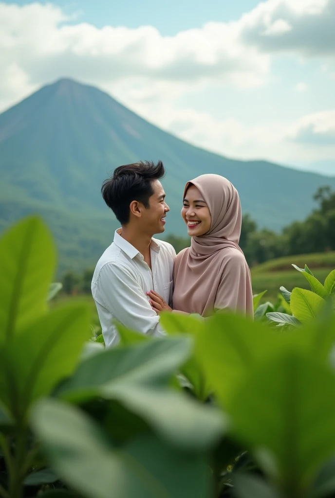 title written "matsu&rubi" in front with correct spelling, demon slayer version, very high quality photo, a romantic scene, a young man with glasses from Indonesia wearing a checkered kimono (green and black) with a beautiful woman wearing a hijab from Indonesia wearing a pink kimono and Japanese sandals, free posing, bamboo forest, full body, realistic, cool and complicated visual effects, looks real and perfect, UHD 64K, very cute