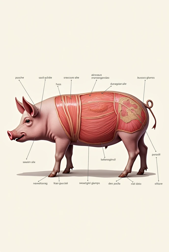 Create an image representing the swine integumentary system with writings identifying each part correctly in Portuguese