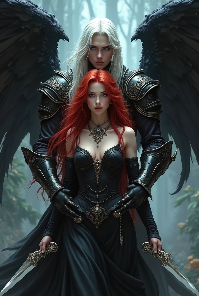 Create a beautiful red-haired woman with blue eyes who is holding daggers in both hands and behind her is a handsome prince of hell., attractive and intimidating with black wings, armor and long white hair with lilac eyes that is hugging her