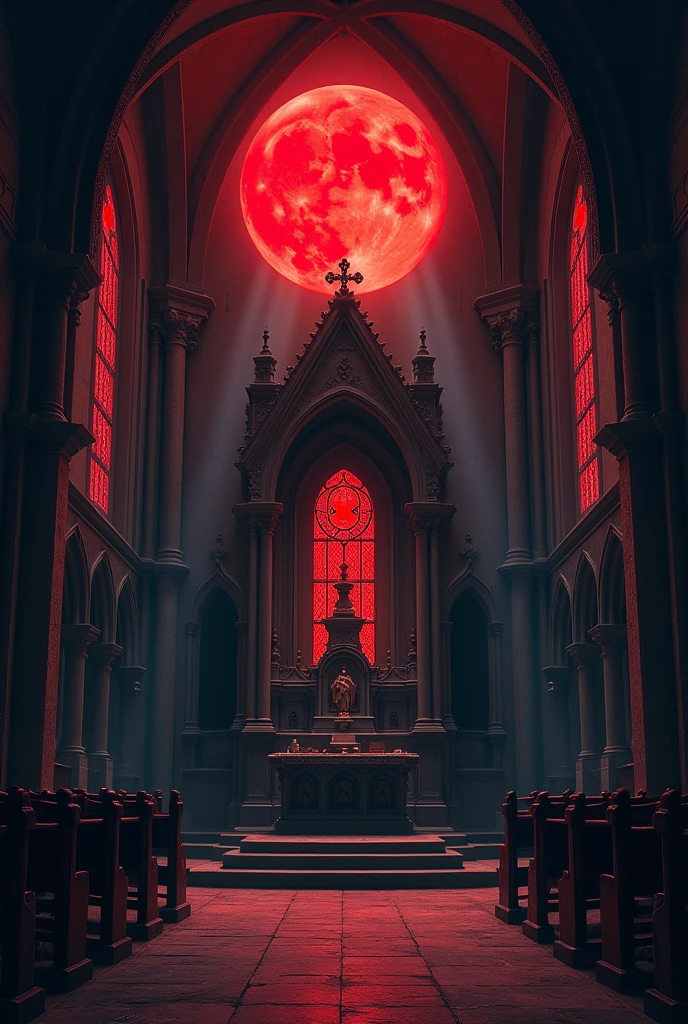 a blood-colored moon, inside a chapel with an altar
