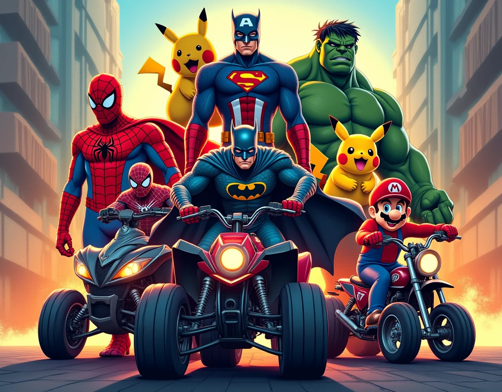 Poster with différents Heroes : Batman, Spiderman, Captain-América, Hulk, Super Mario Bros, Pikachu, a quad, a moto and thé name "Aaron"