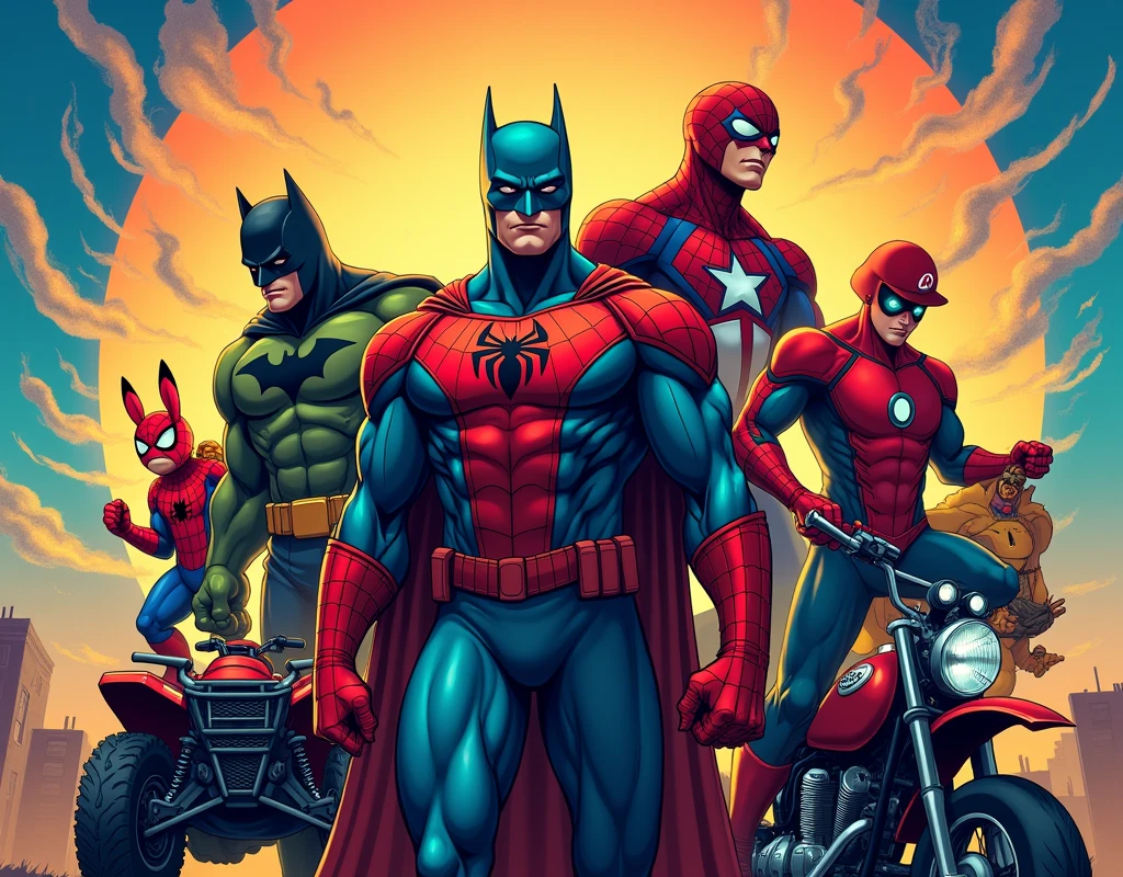 Poster with différents Heroes : Batman, Spiderman, Captain-América, Hulk, Super Mario Bros, Pikachu, a quad, a moto and thé name "Aaron"