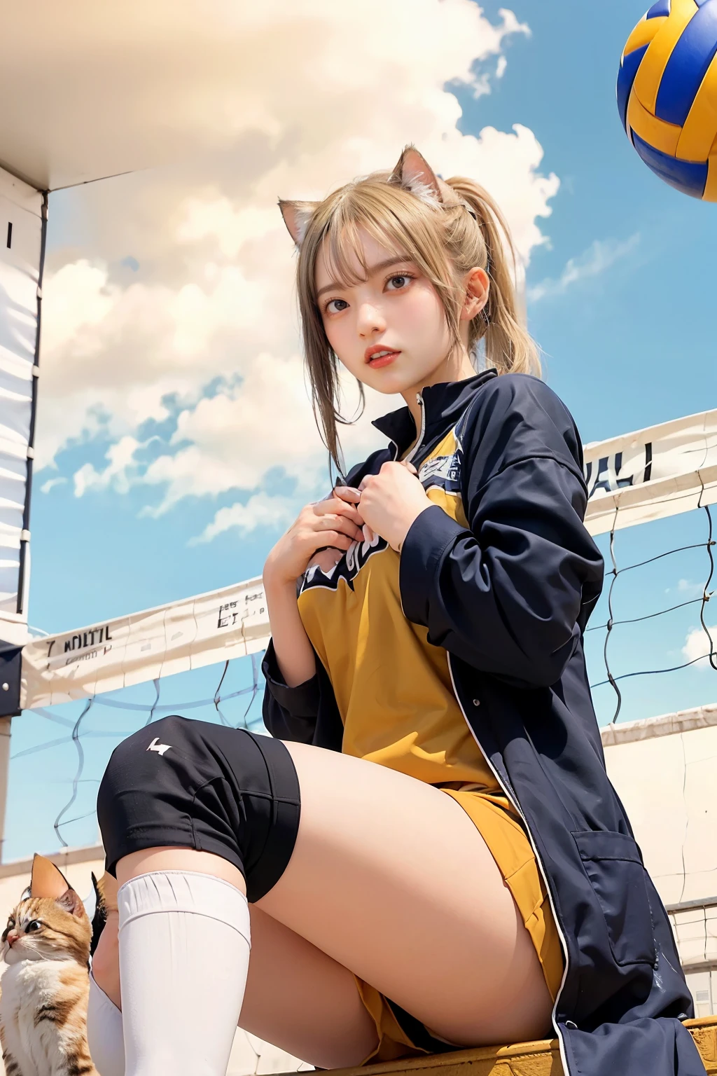 Masterpiece, 4K, bokeh, (volleyball uniform:1.5), (Bright Blonde hair:1.5), (ponytail:1.2),(Blushed face:1.3), (Plump breast:1.2), (Sitting in coat:1.2), (Cat ears:1.3),(From below:1.6),(Sundown :1.2), (Orange beautiful sky and clouds:1.2)