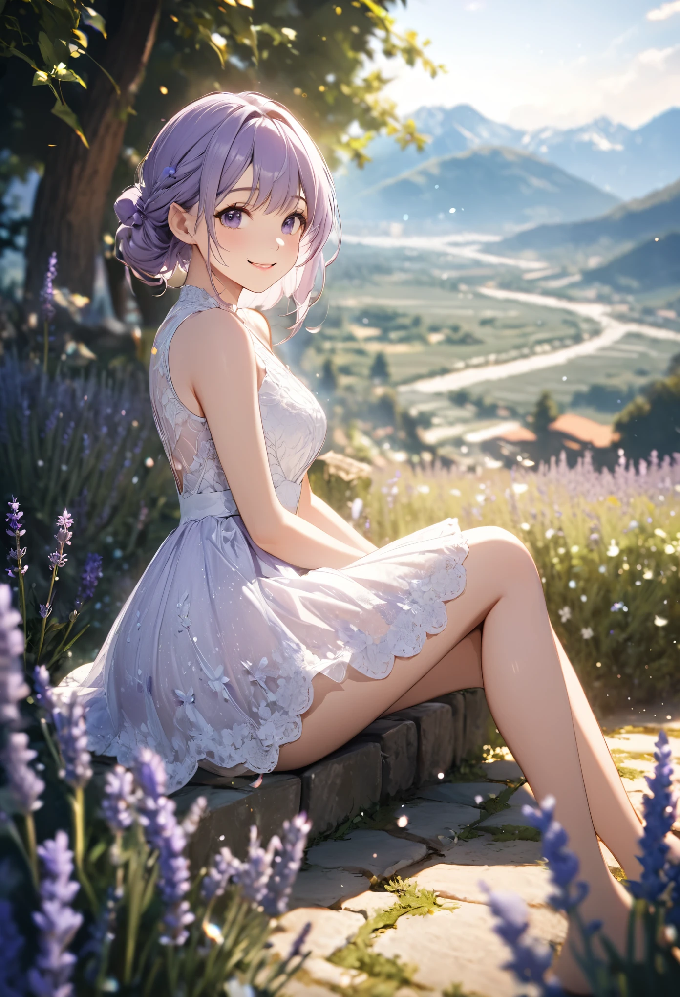 1girl,lavender,white short dress,lace dress,smile,flower garden,full body,sitting,mountains in the distance,light particles,(Depth of field,cinematic angle,cinematic lighting:1.2),blurry background,blurry foreground,(masterpiece:1.2),(best quality:1.2),(very aesthetic:1.2),(absurdres:1.2),(detailed background),newest,intricate details