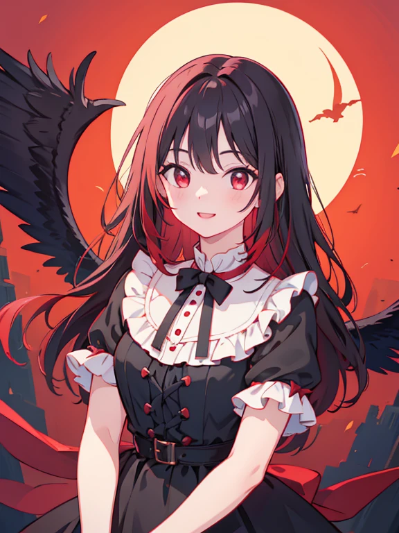 Highest quality, masterpiece, Black Hair, Red eyes, look up, Upper Body, cute, Frilled shirt, smile,Redhead