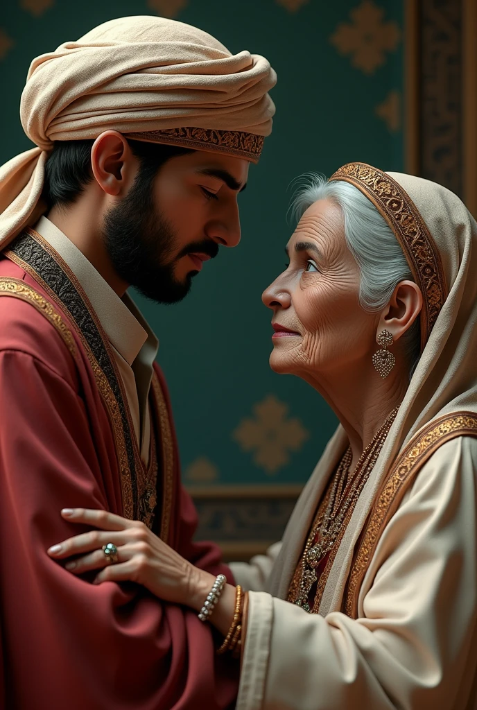 3D wallpaper of a handsome young Arab wearing a turban on his head appearing to be talking and contemplating his old mother and wearing a headscarf