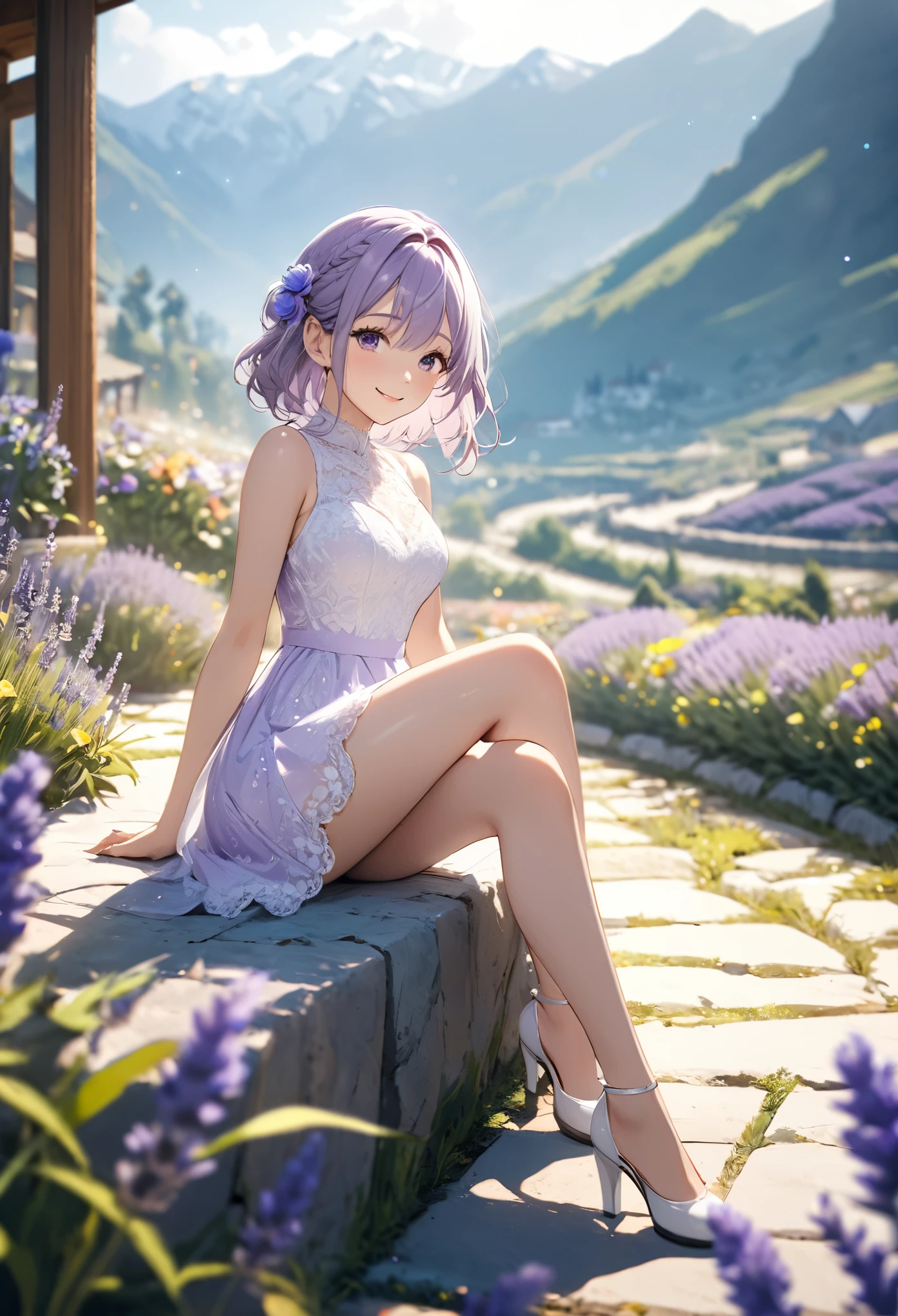 1girl,lavender,white short dress,lace dress,smile,flower garden,full body,sitting,mountains in the distance,light particles,(Depth of field,cinematic angle,cinematic lighting:1.2),blurry background,blurry foreground,(masterpiece:1.2),(best quality:1.2),(very aesthetic:1.2),(absurdres:1.2),(detailed background),newest,intricate details