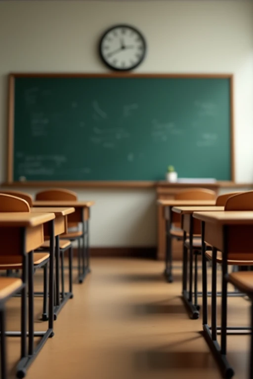 classroom、blackboard、clock、Desk and chair、The background is slightly blurred