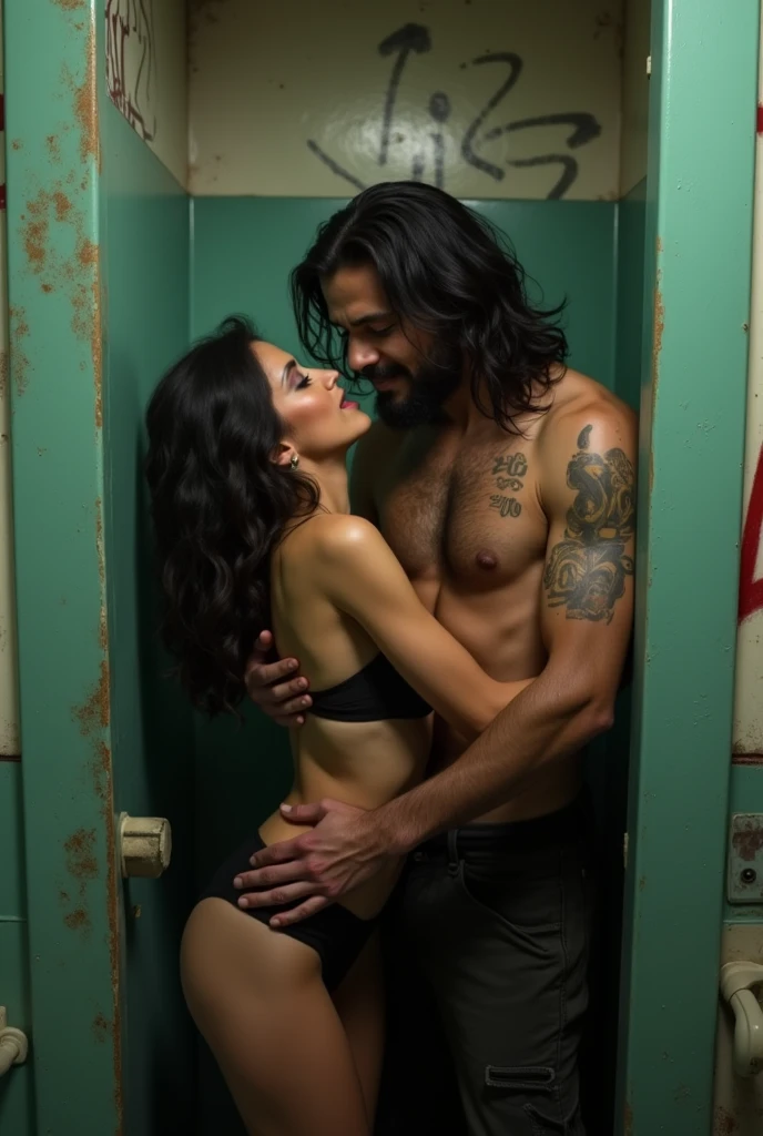 (shabby bathroom)Glamour white victoria secret model woman.
(A homeless Indian man hugs a model woman from behind in a toilet stall and touches her chest with his clothes. Screaming face