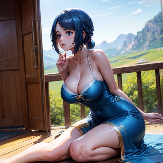 Mature Woman　China dress　Large Breasts　Attractive thighs　Blue Hair　Chest visible from the side　