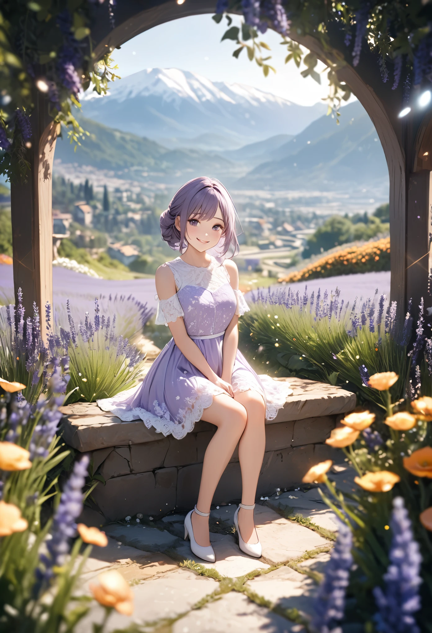 1girl,lavender,white short dress,lace dress,smile,flower garden,full body,sitting,mountains in the distance,light particles,(Depth of field,cinematic angle,cinematic lighting:1.2),blurry background,blurry foreground,(masterpiece:1.2),(best quality:1.2),(very aesthetic:1.2),(absurdres:1.2),(detailed background),newest,intricate details