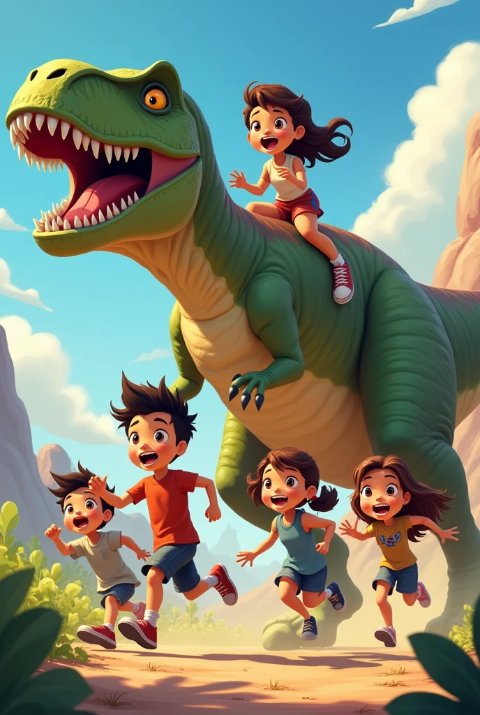 Five children running from a wild rex, one with haircut 7 and another with a short haircut, A girl with straight hair and another girl with cinnamon skin and wavy hair, and another girl riding the rex, another cinnamon-skinned girl with curly hair. animated