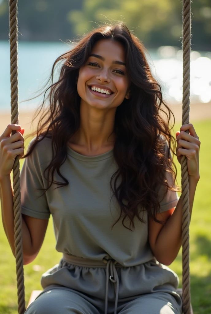 A very beautiful woman , Wear an oversized gray T-shirt. , Big trousers , Brown hair tends to black. , long hair , Beautiful curly hairstyle , Have a beautiful skin color , Sitting on a swing tied to a tree , In the backyard , There is a sea , She turned to me with a happy smile. , She is the woman of my dreams. , Her face is blurry , She is the one who makes us happy in our dreams.