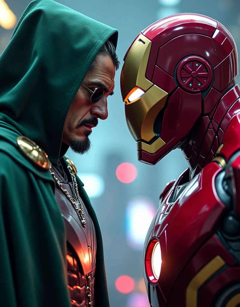 Realistic movie poster,Close-up of Doctor Doom and Iron Man white red futuristic glossy glowing lights fighting,Doctor Doom's face is Robert Downey's face, The bottom of the poster reads"Doom Vs Iron"