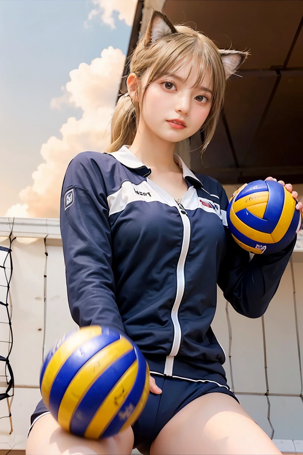 Masterpiece, 4K, bokeh, (volleyball uniform:1.5), (Bright Blonde hair:1.5), (ponytail:1.2),(Blushed face:1.3), (Plump breast:1.2), (Sitting in coat:1.2), (Cat ears:1.3),(From below:1.6),(Sundown :1.2), (Orange beautiful sky and clouds:1.2)
