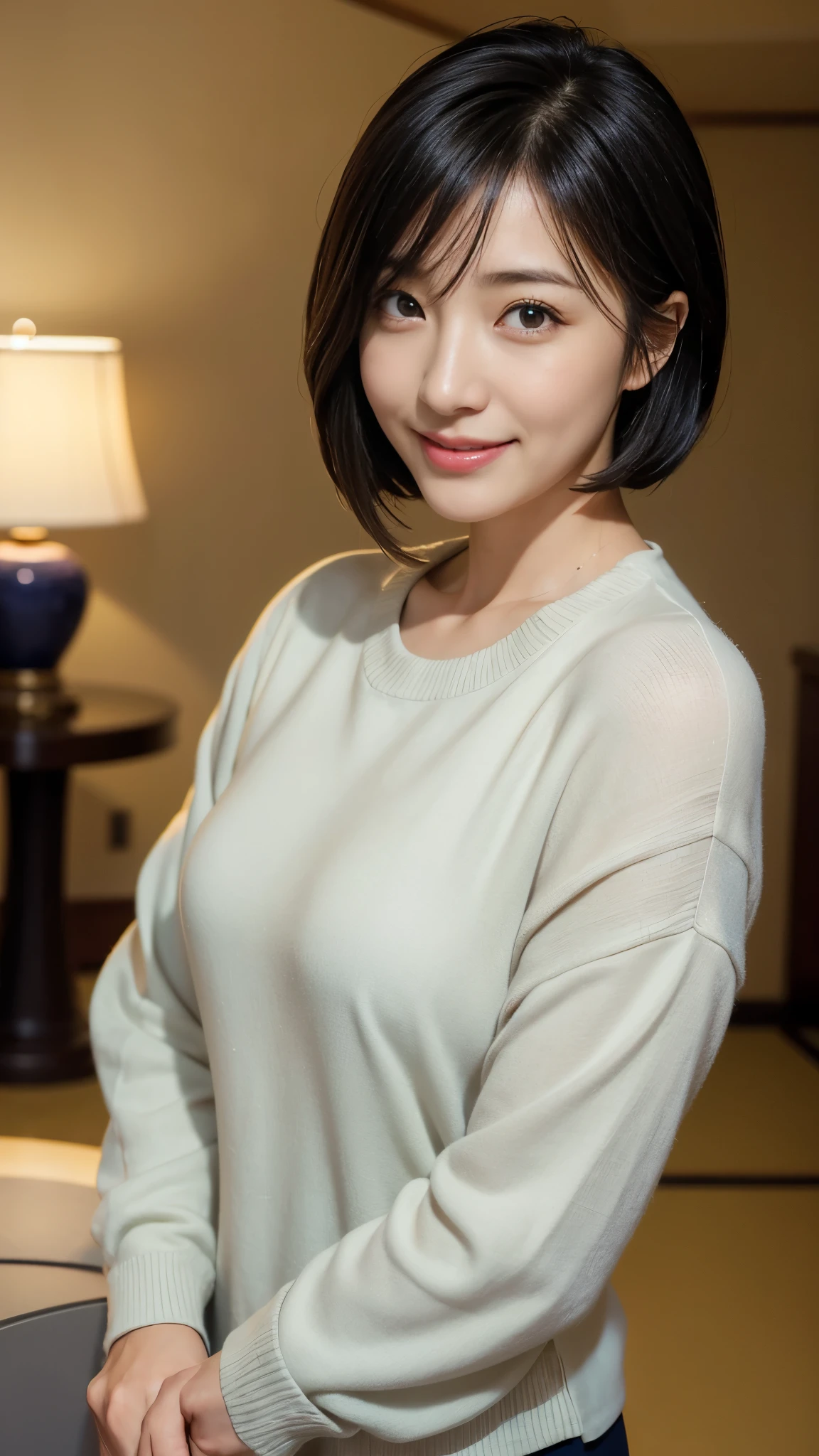 Portrait, 8k, high quality, realistic photo image, 44 yrs-. Age, Japanese woman, neat wife, housewife, natural and realistic eyes, Japanese standing, beautiful black hair, short hair, light makeup, accurate rendering, beautiful lighting, golden ratio composition, laughter, 4, Japanese woman, neat wife, housewife, natural and realistic eyes. Hair, light makeup, octane rendering, beautiful lighting, golden ratio composition, laughter, normal clothes, casual clothes, luxury city hotel, hotel entrance, blurred background, high image quality, pure Japanese style, beautiful wife, upper body, light makeup, no makeup. Makeup, neat, plain, red, purple, blue, plain, plain clothes, smiling, black eyes, background blurring.
