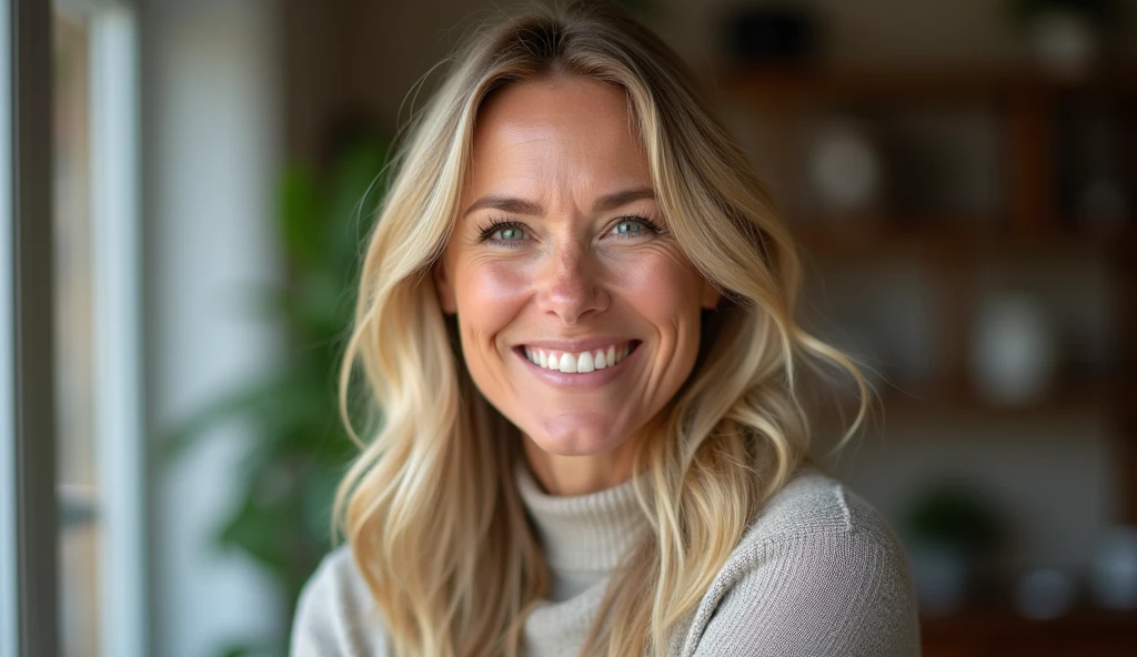 ((( 40 year old woman ))),((( hair blonde,Scandinavian,light green eyes,light brown skin )))dappled,girl next door,Natural Photos, ((( spontaneous photo,55 mm lens )))permissive, in house, Background also sharp,((( smiling ))), Further away from the camera ,natural posture, Don't look at the camera, ((( The whole body should be visible ))),((( side position )))