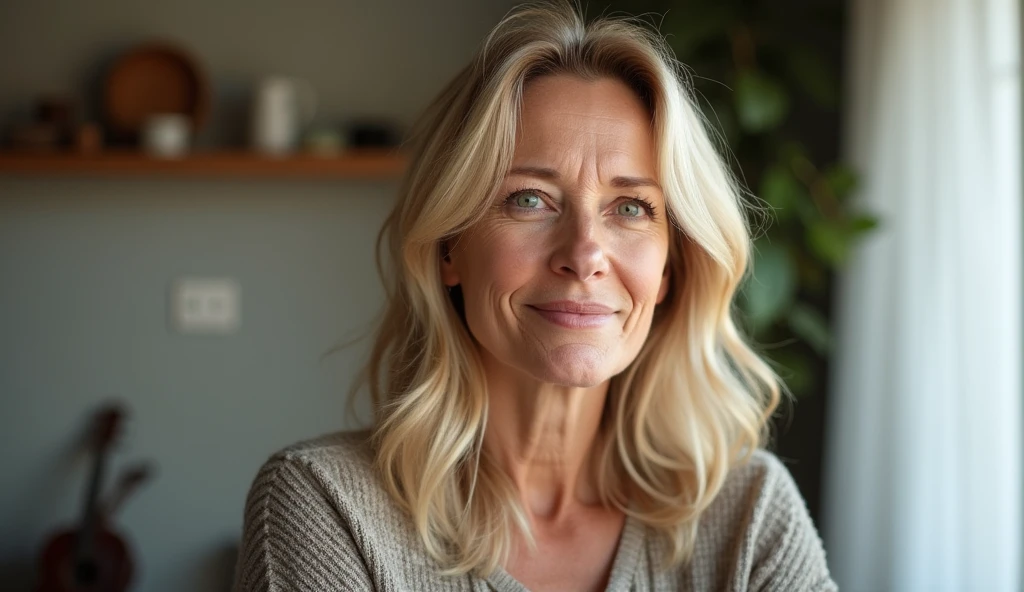 ((( 40 year old woman ))),((( hair blonde,Scandinavian,light green eyes,light brown skin )))dappled,girl next door,Natural Photos, ((( spontaneous photo,55 mm lens )))permissive, in house, Background also sharp,((( smiling ))), Further away from the camera ,natural posture, Don't look at the camera, ((( The whole body should be visible ))),((( side position )))