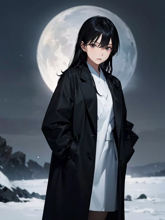 Black Hair、Cold look、Japanese s、Dark Background、One Cool Lady:1.2、Long coat、Sharp Eye、night、Don't look at the camera、Don't blush:1.4