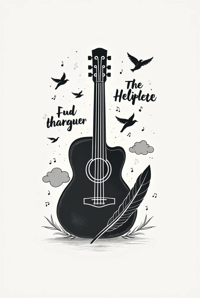 Créer un logotype en noir et blanc avec une guitare, une plume d’écriture, des mots et des oiseaux qui volent et des nuages