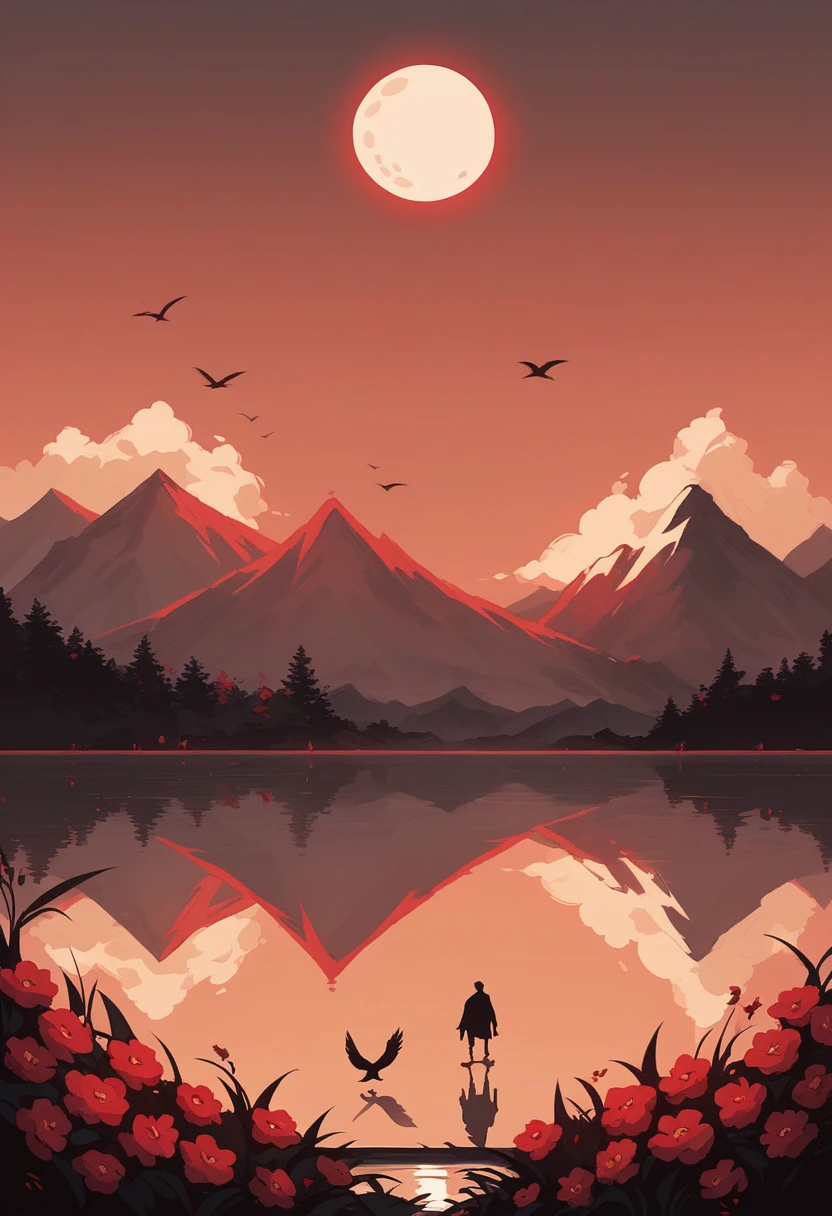 ch,bird,flower,silhouette,red sky,reflection,red theme,solo,moon,animal,1boy,standing,red flower,sky,outdoors,mountain,scenery,male focus,red background,