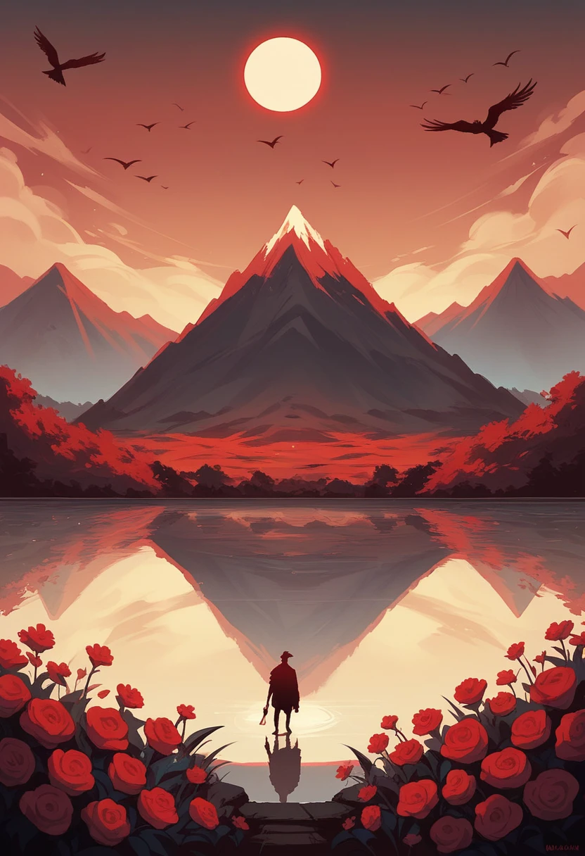 ch,bird,flower,silhouette,red sky,reflection,red theme,solo,moon,animal,1boy,standing,red flower,sky,outdoors,mountain,scenery,male focus,red background,