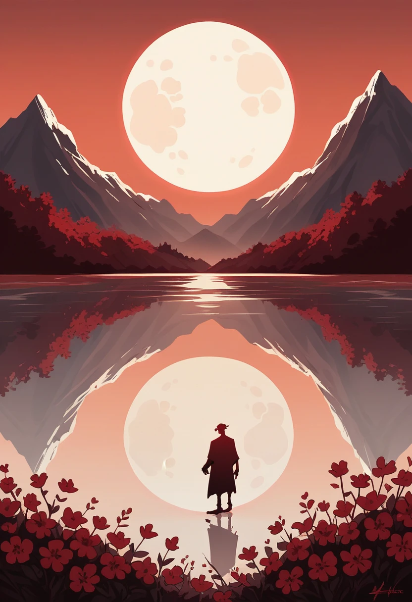 ch,bird,flower,silhouette,red sky,reflection,red theme,solo,moon,animal,1boy,standing,red flower,sky,outdoors,mountain,scenery,male focus,red background,