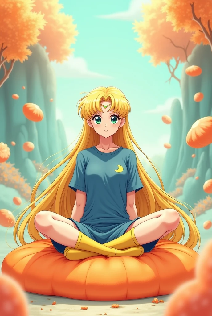 anime sailor moon..and serene ..dad 1 long yellow hair on his forehead a moon...green eyes blue shirt and short blue skirt with yellow boots..whites sitting on a big orange .. crossed legs Pasaija many orange