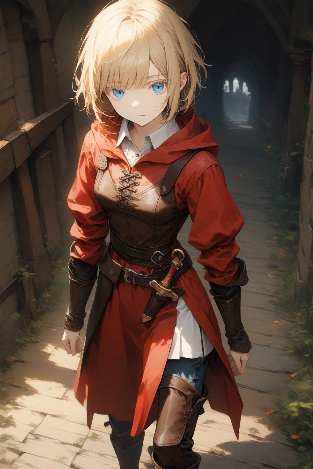 masterpiece, best quality, very aesthetic, absurdres,1girl,rating: general,(hyper detailed eyes),blonde hair,short hair,[disheveled hair],colored eyelashes,blonde eyelashes,blue eyes,(sharp eyes),(slanted eyes),choppy bangs,medium breasts,clear face,expressionless,(red hooded cloak),leather chest guard,leather gauntlets,leather greaves,leather boots,dagger on hip,medieval,